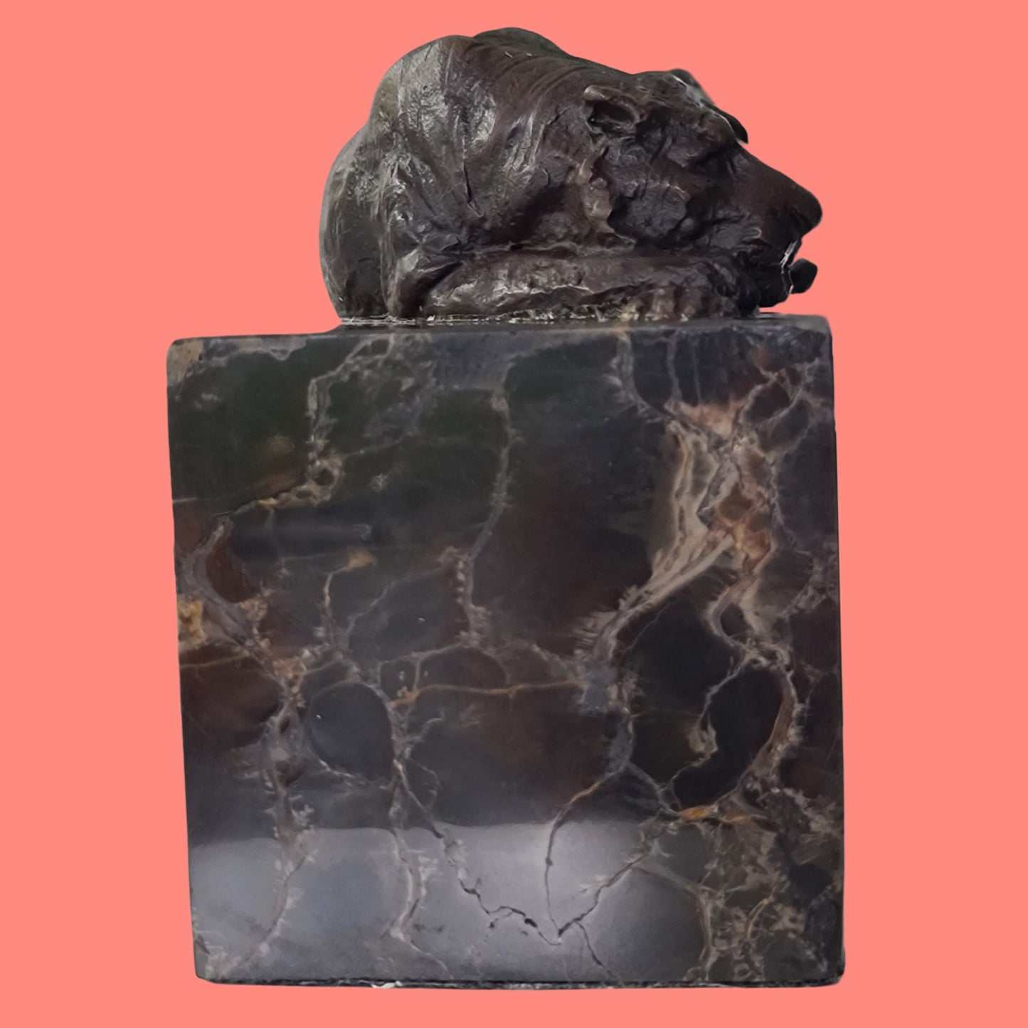 laying Tiger Bronze Sculpture on Marble Base