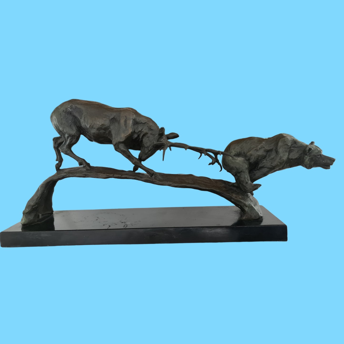 Elk vs Bear Bronze and Marble Sculpture