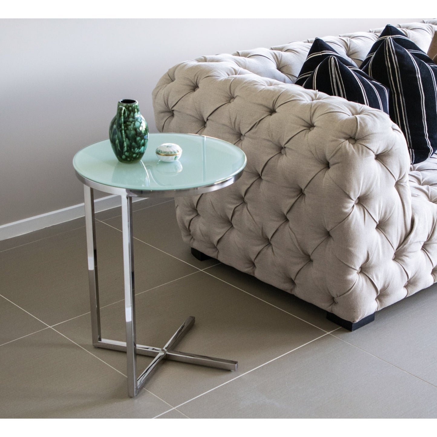 Zara Mirror Polished Stainless Steel Side Table with White Tempered Glass