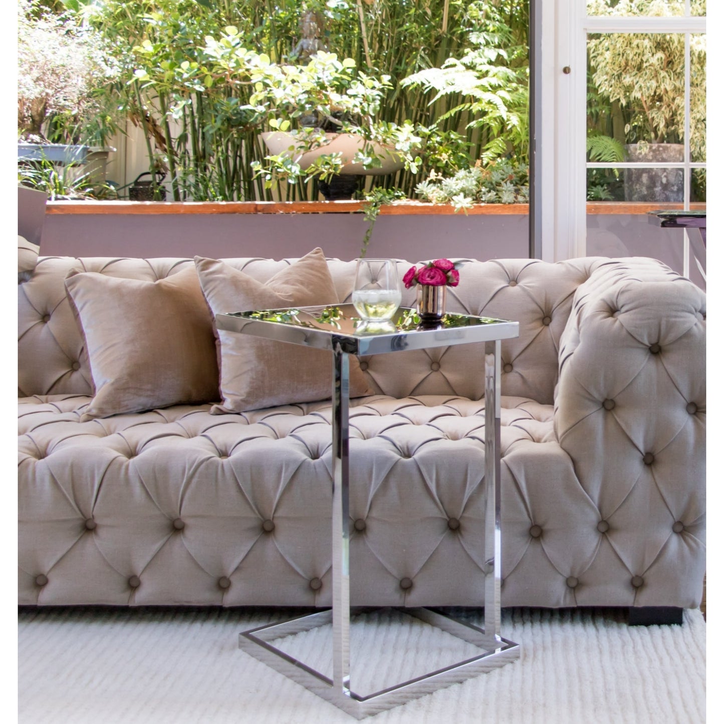 Stella Mirror Polished Stainless Steel Side Table with Black Tempered Glass