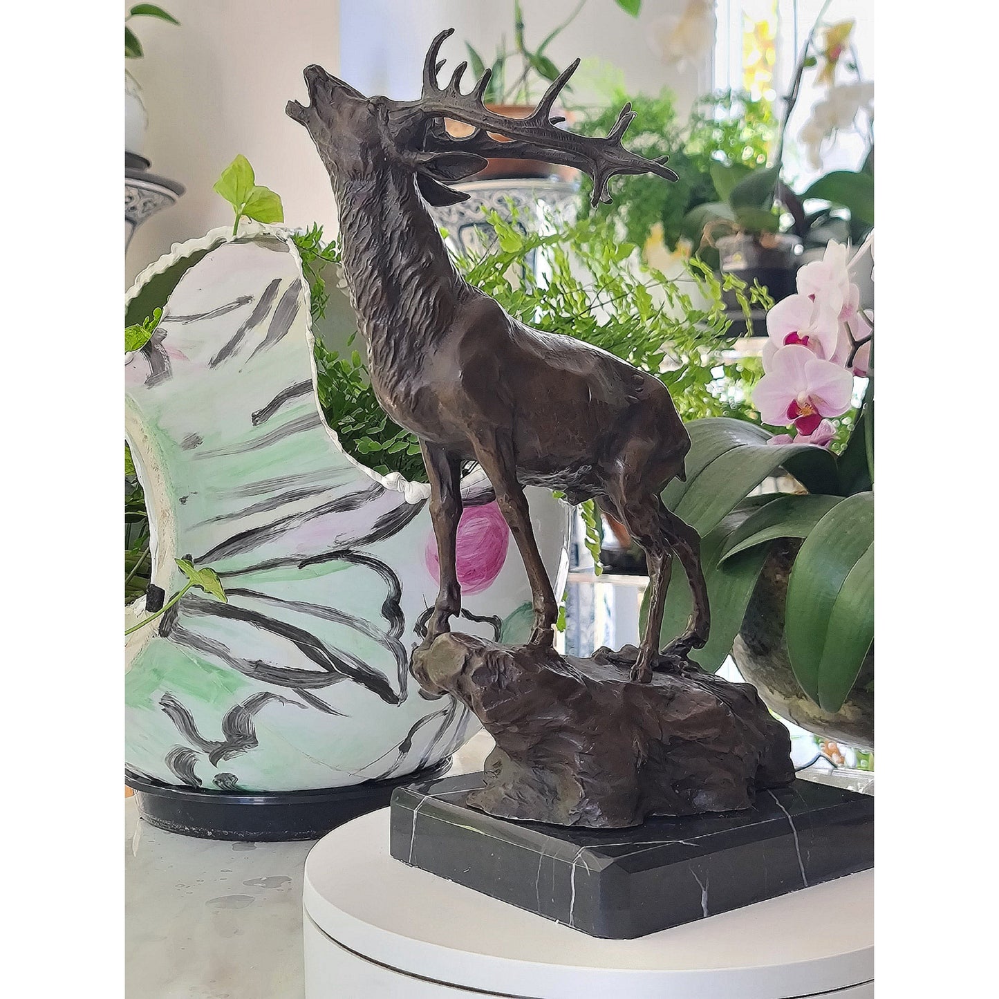 Art Elk Stag Buck Deer Hunter Bronze Marble Base Sculpture