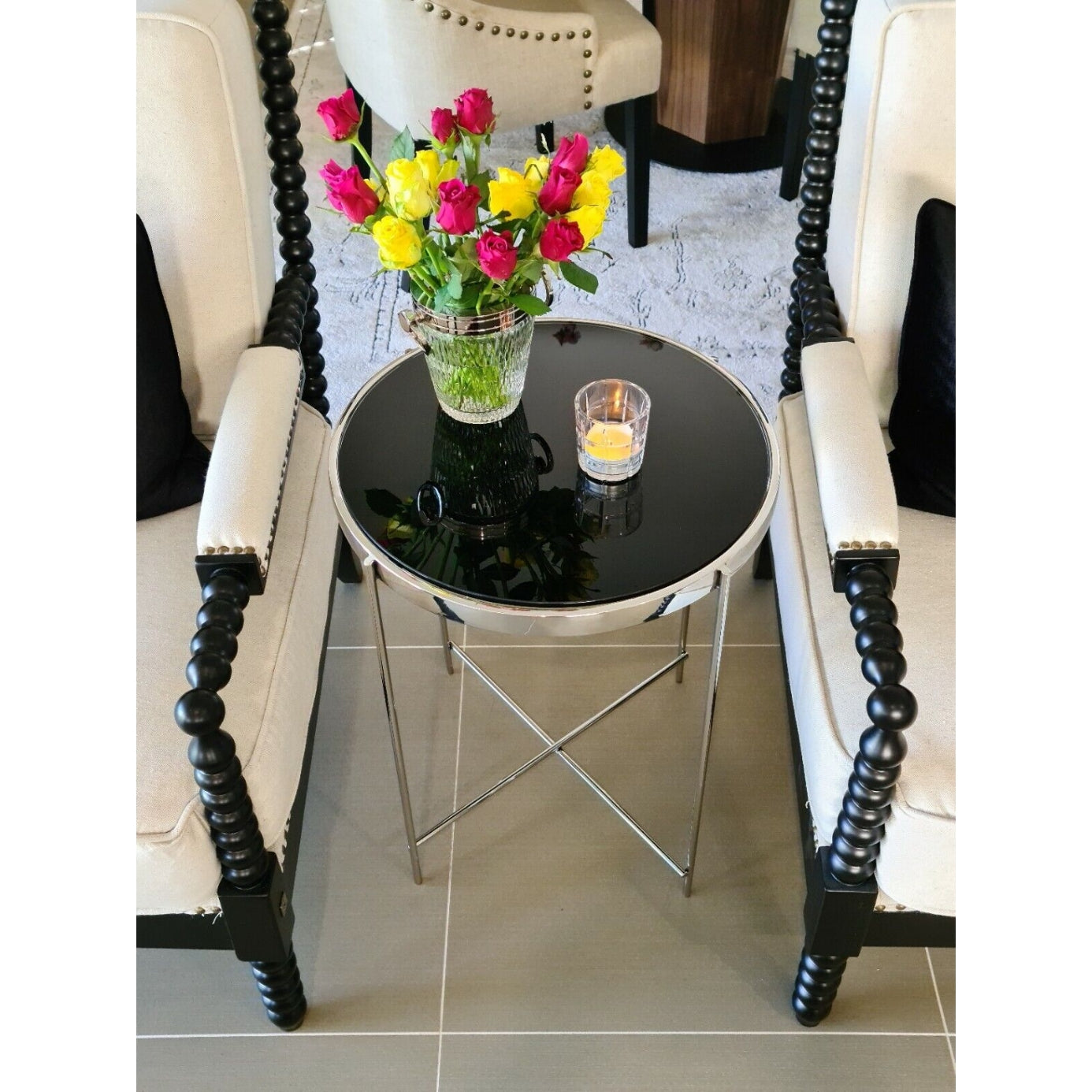 Dilva Polished Stainless Steel Side Table with Black Glass Top.