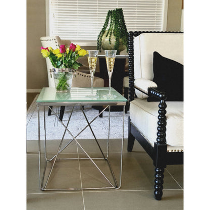 Avesta Mirror Polished Stainless Steel Side Table with White Glass Top