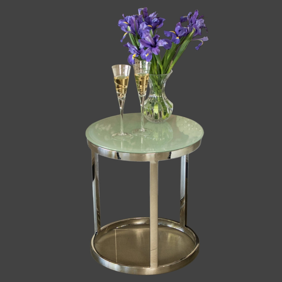 Tela Polished Stainless Steel Side Table with White or Clear Tempered Glass Top