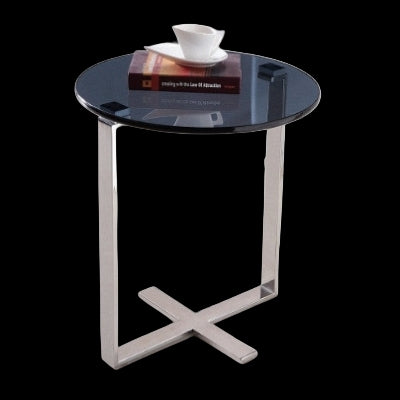 Sari Mirror Polished Stainless Steel End Table with Black tempered Glass.