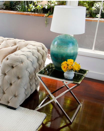 Lily Mirror Polished Stainless Steel Side Table with Black Tempered Glass Top