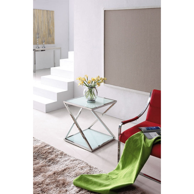 Nela Polished Stainless Steel Side Table W/ White Tempered Glass