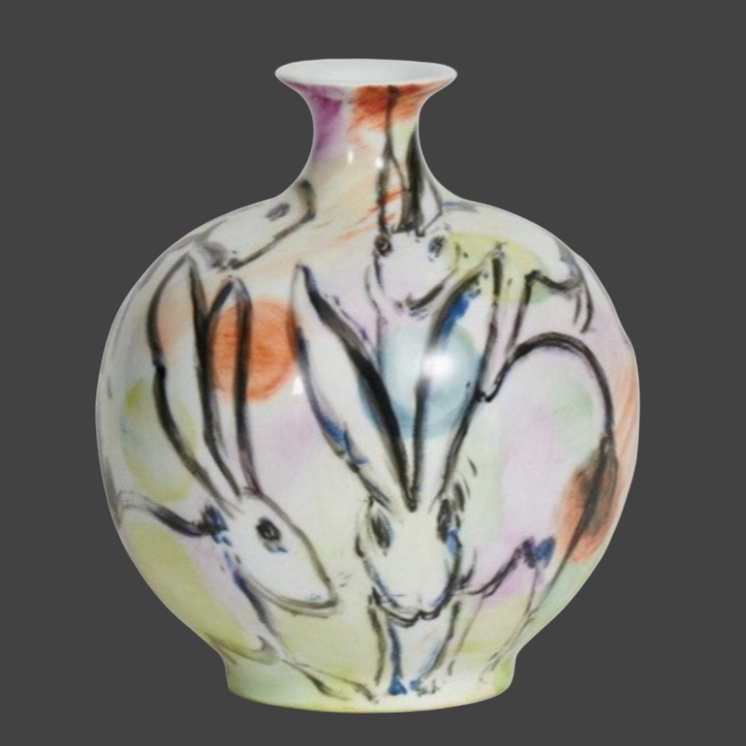 Hand Painted Vase Rabbits Grazing