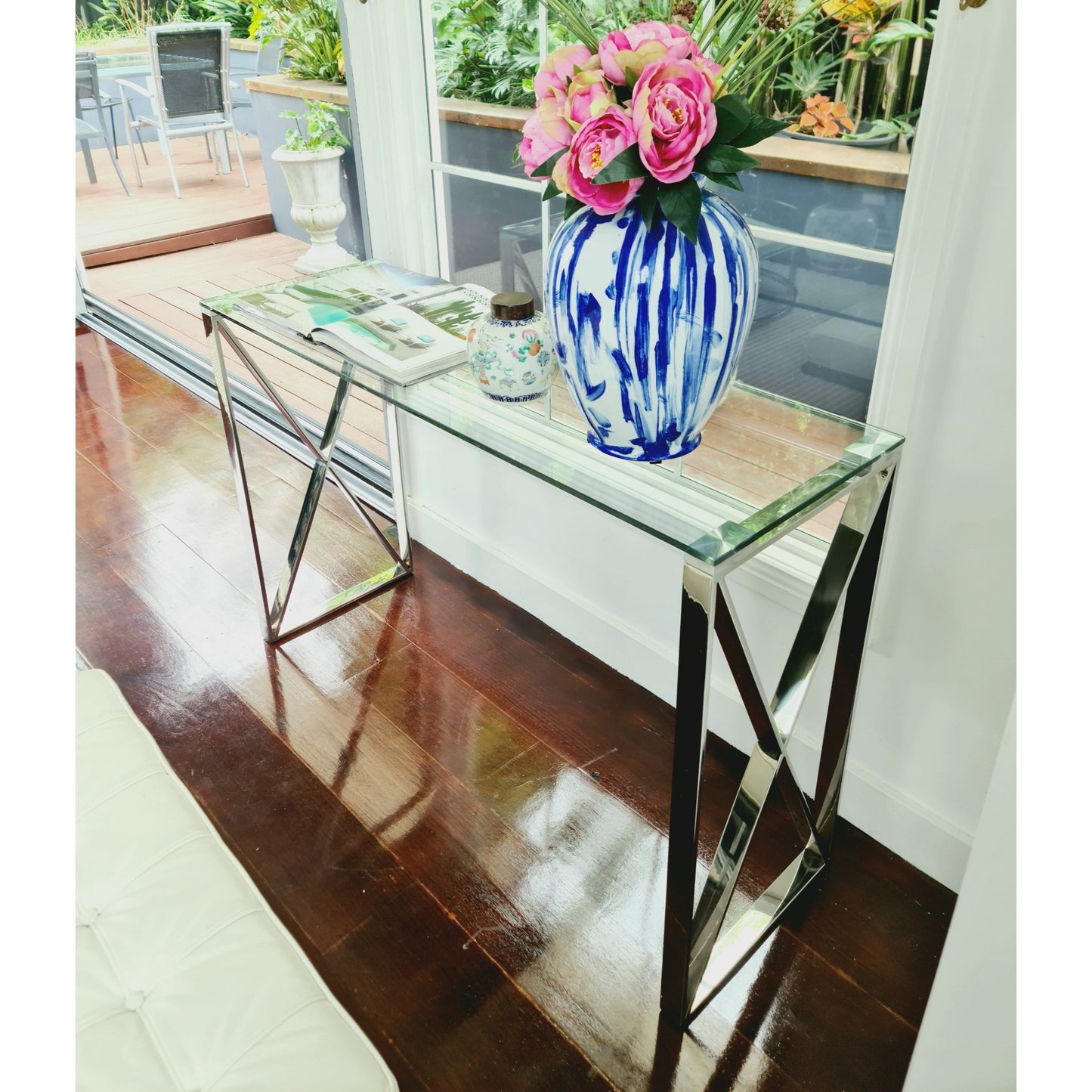 Tara Polished Stainless Steel Console with Clear Glass Top