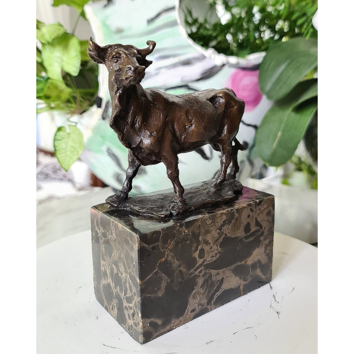 Cow Bronze Sculpture Handcrafted Deco Art On Marble