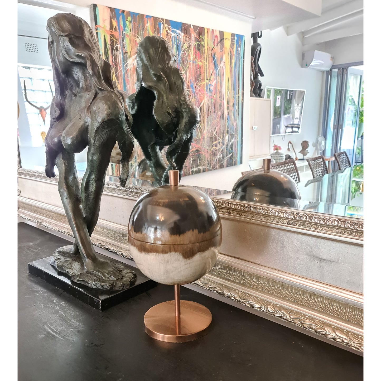 Brown Hand painted/ Handmade Gradient wooden Capped Sphere on Copper Footing