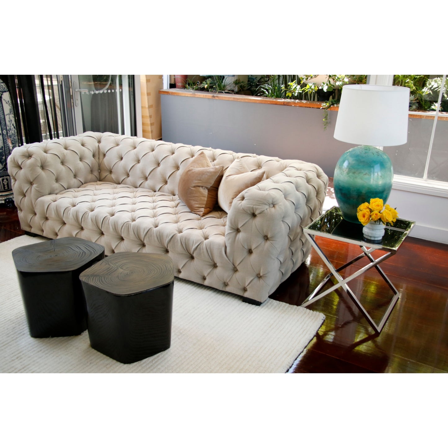 Lily Mirror Polished Stainless Steel Side Table with Black Tempered Glass Top