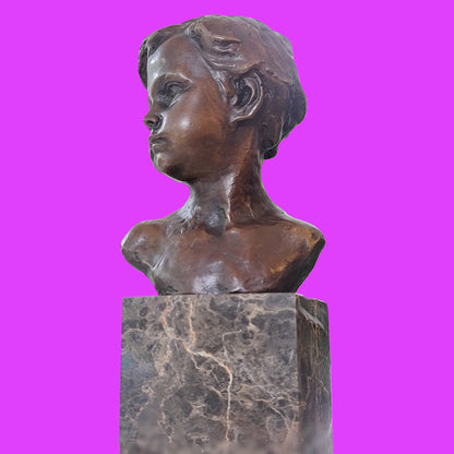 Bronze Sculpture Bust of a Boy Cherub on Marble Base