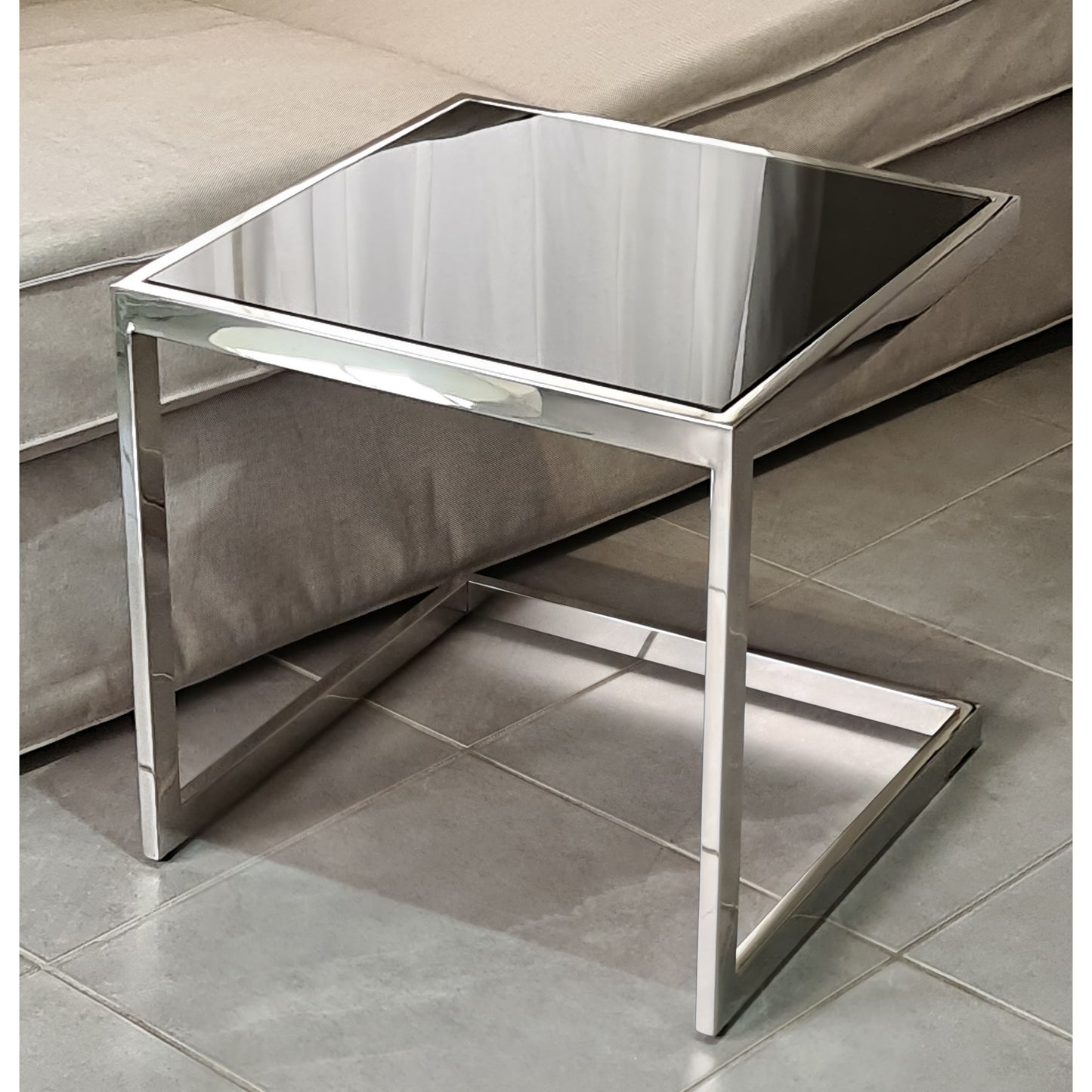 Malie Polished Stainless Steel Sid Table with Black Tempered Glass