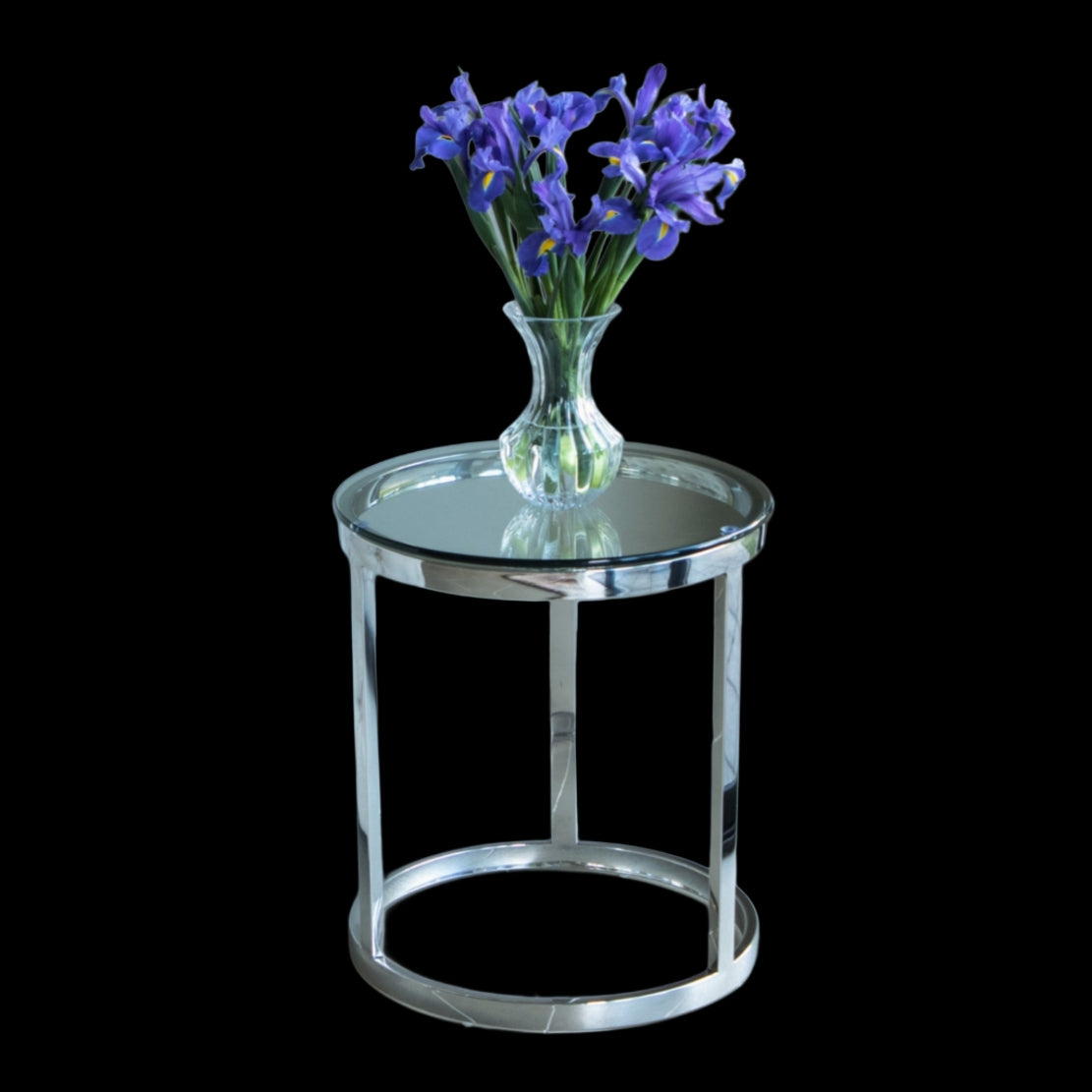 Tela Polished Stainless Steel Side Table with White or Clear Tempered Glass Top