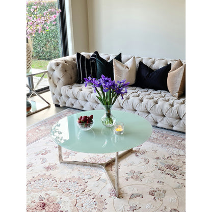 Olan Mirror Polished Stainless Steel Coffee Table with White Glass Top (pick up only)