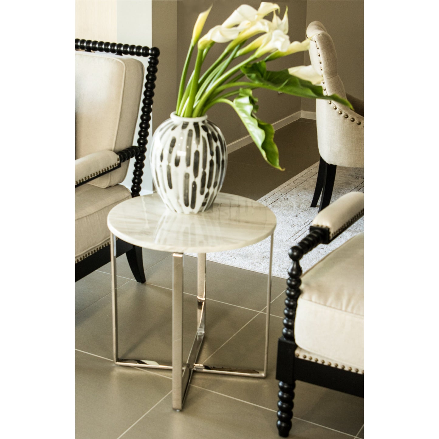 Sarya Mirror Polished Stainless Steel Side Table with White Marble Top