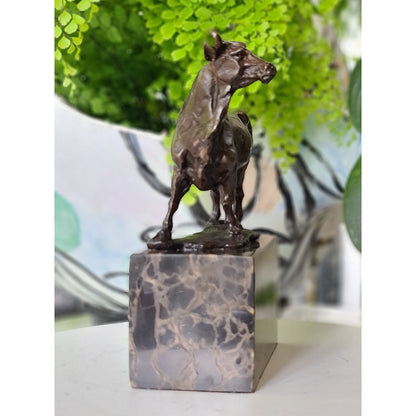 Cow Bronze Sculpture Handcrafted Deco Art On Marble