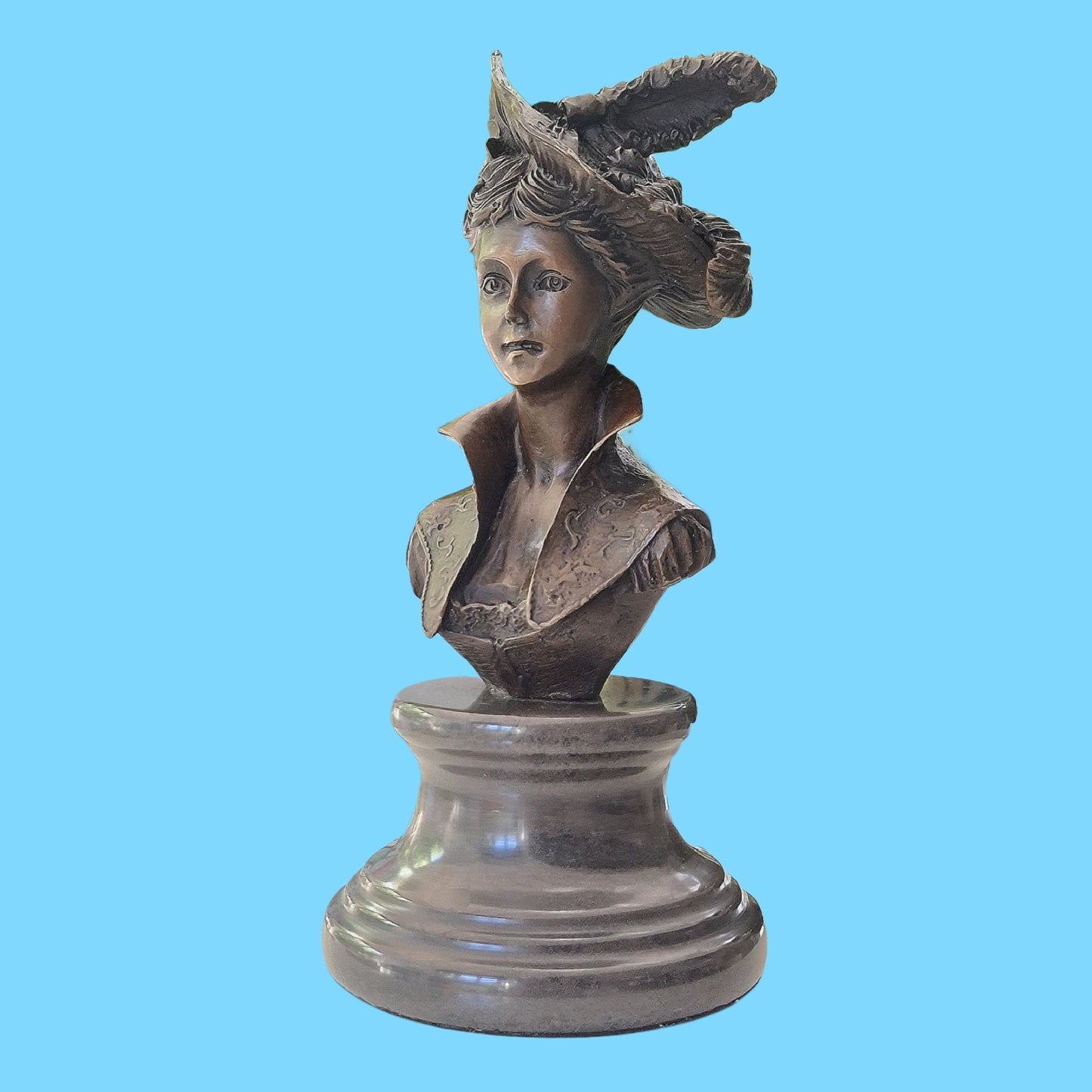 Victorian Portrait Lady Woman Hat Bust Bronze Marble Statue Sculpture