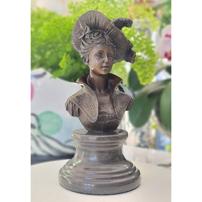 Victorian Portrait Lady Woman Hat Bust Bronze Marble Statue Sculpture