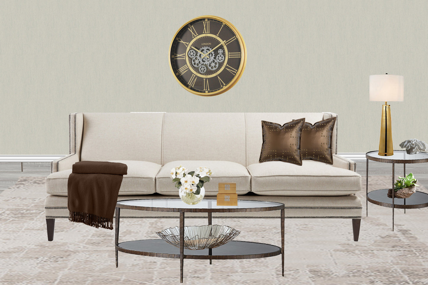 London 54.5 Cm Classic Gold Roman Numeral Moving Gold Gear Wall Clock