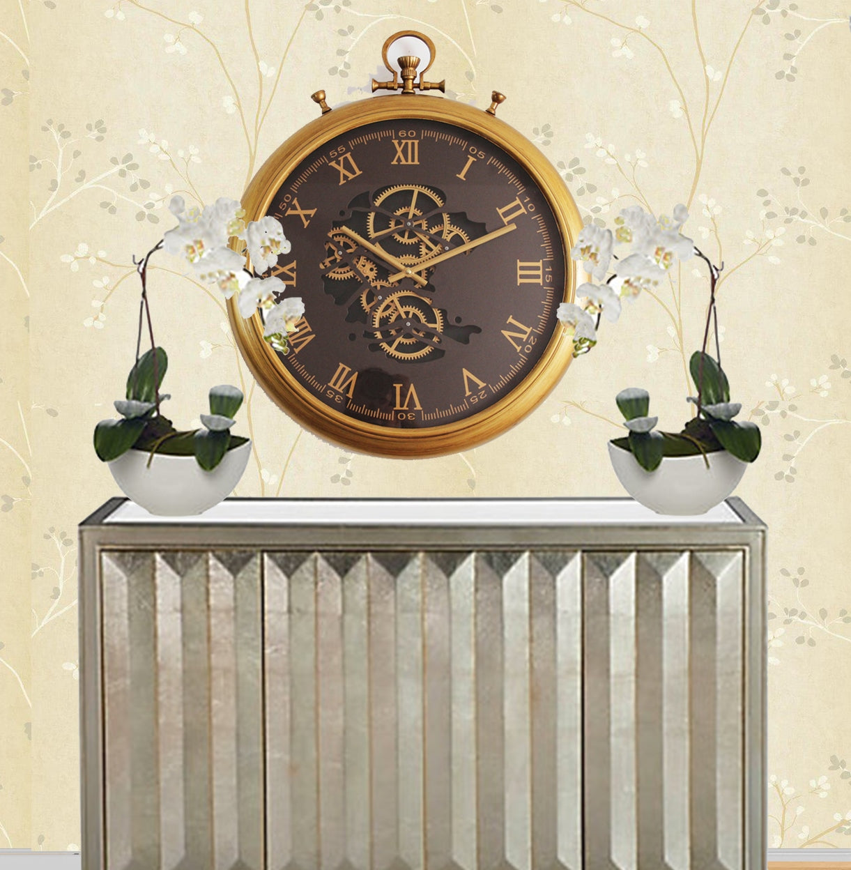 62 Cm Roman Numeral Vintage Gold Moving Gear Wall Clock