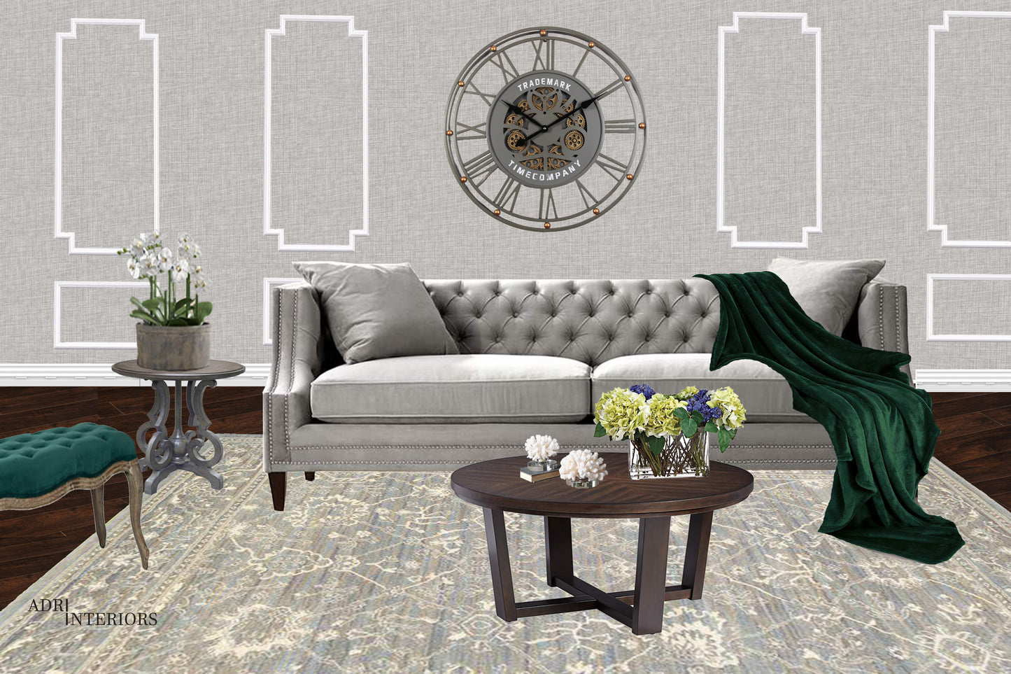 TRADEMARK 60.5  Cm Grey & Gold Roman Numeral Moving Gear Wall Clock