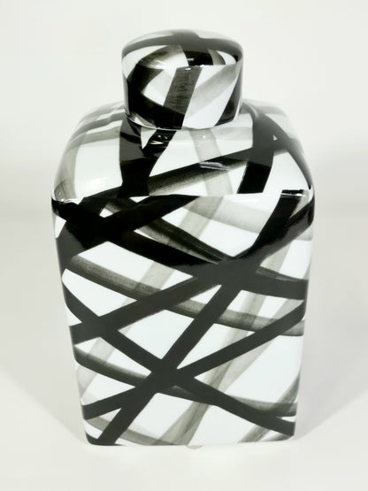 Medium Hand-painted Black and White Container, Graphic Black Strips