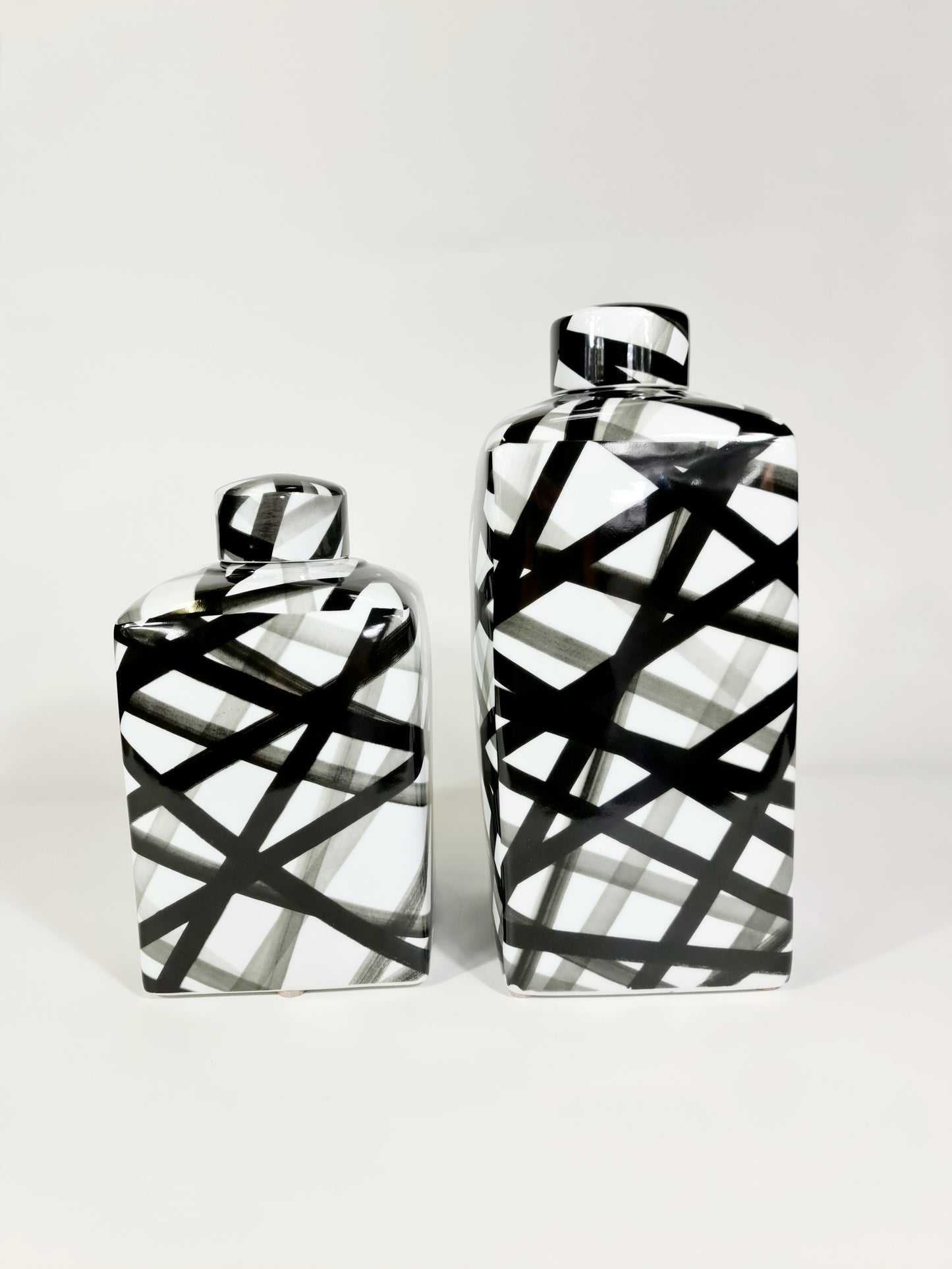 Medium Hand-painted Black and White Container, Graphic Black Strips