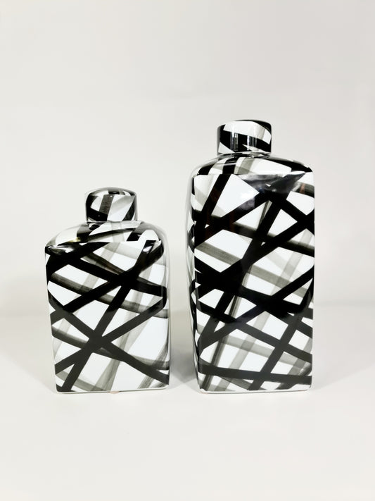 Medium Hand-painted Black and White Container, Graphic Black Strips