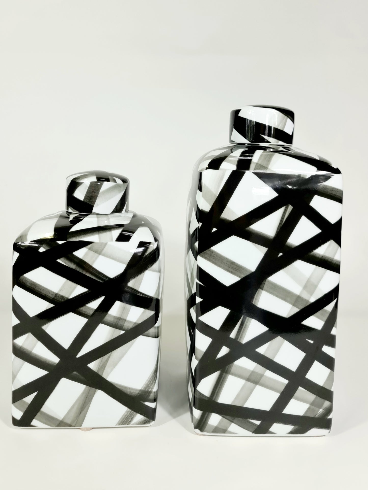 Medium Hand-painted Black and White Container, Graphic Black Strips