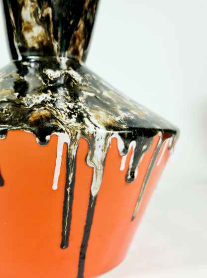 Large Geometric Textured Vintage Black And Orange Vase, Drip Painting (70% OFF)