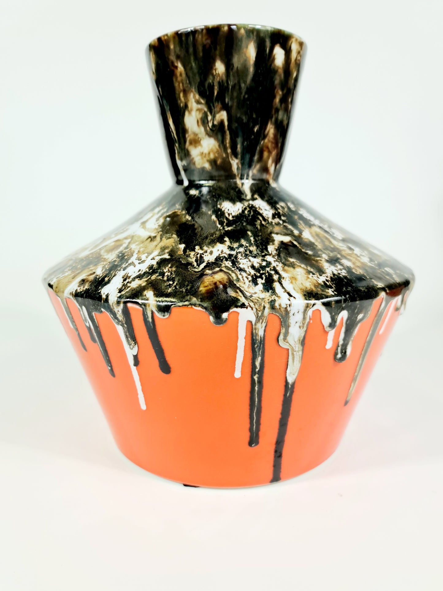 Large Geometric Textured Vintage Black And Orange Vase, Drip Painting (70% OFF)