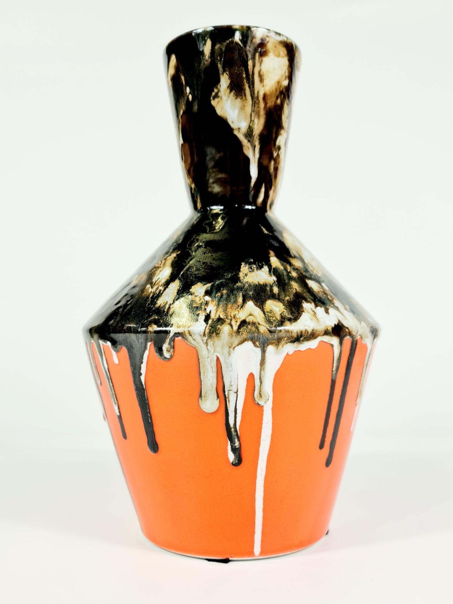 Medium Textured Vintage Black and Orange Vase, Drip Painting