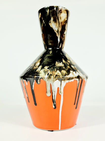 Medium Textured Vintage Black and Orange Vase, Drip Painting