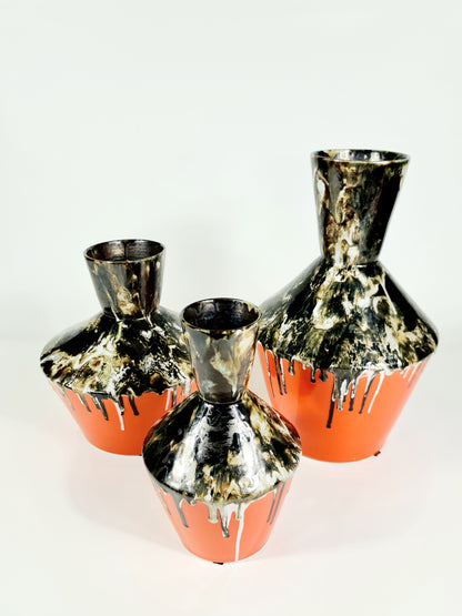 Large Textured Vintage Black And Orange Vase, Drip Painting (70% OFF)