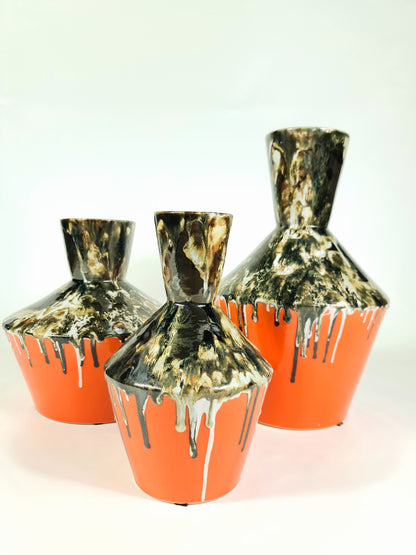 Large Geometric Textured Vintage Black And Orange Vase, Drip Painting (70% OFF)