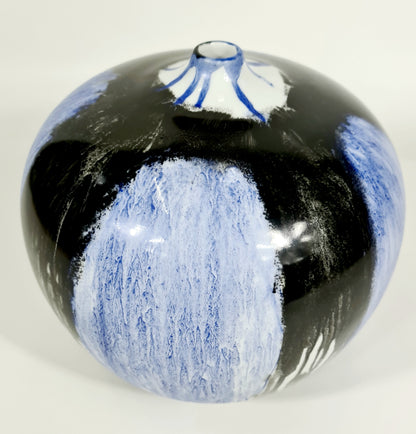 Round Vintage Vase: Black And Blue Drip Painting (70% OFF)