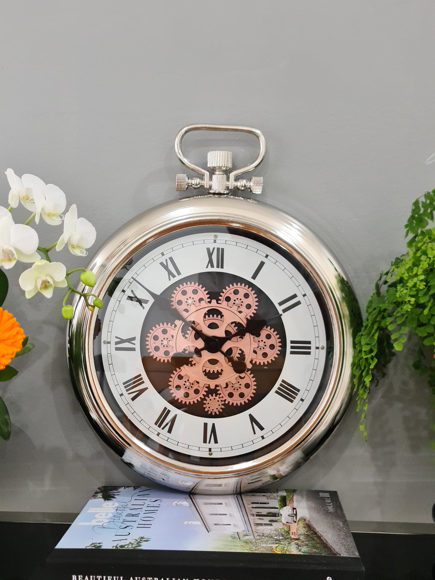 Roman Numeral 50 Cm Stainless Steel Exposed oval Gear Moving Clock