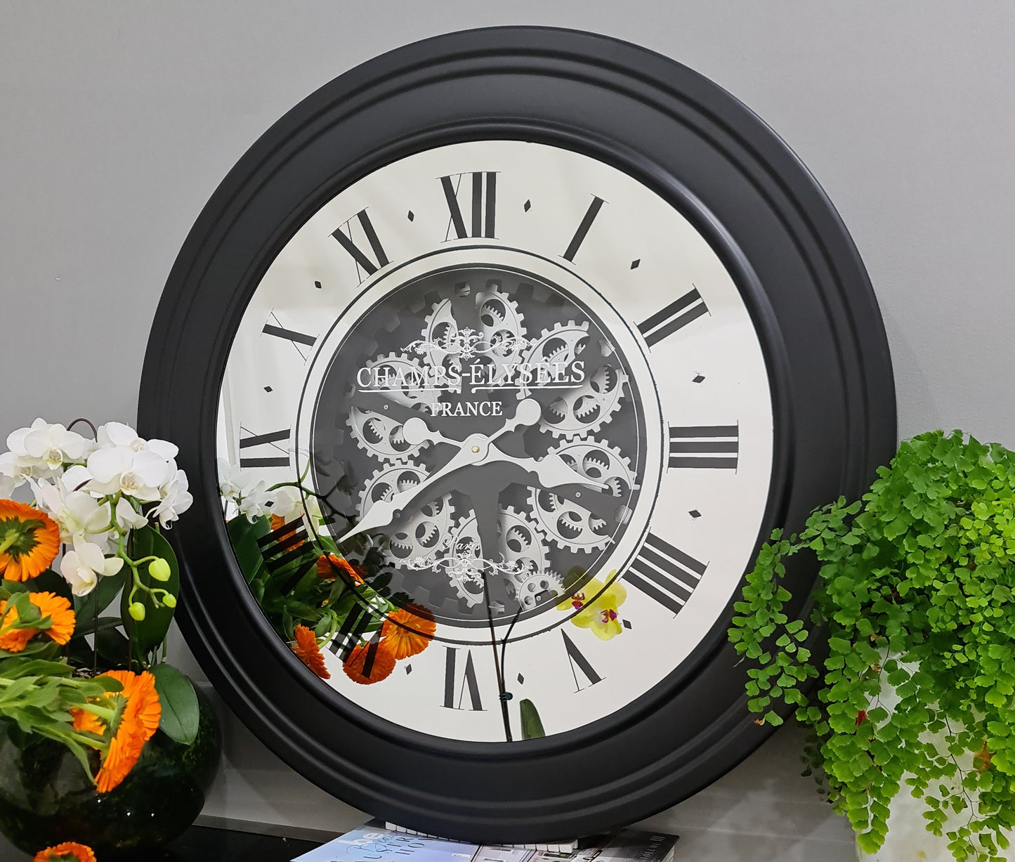 X large 80 Cm Champs-Elysees  Mirror Moving Gear Wall Clock (display item)