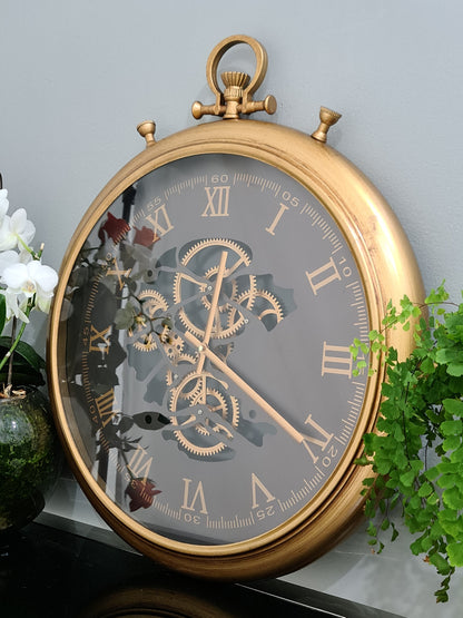 62 Cm Roman Numeral Vintage Gold Moving Gear Wall Clock
