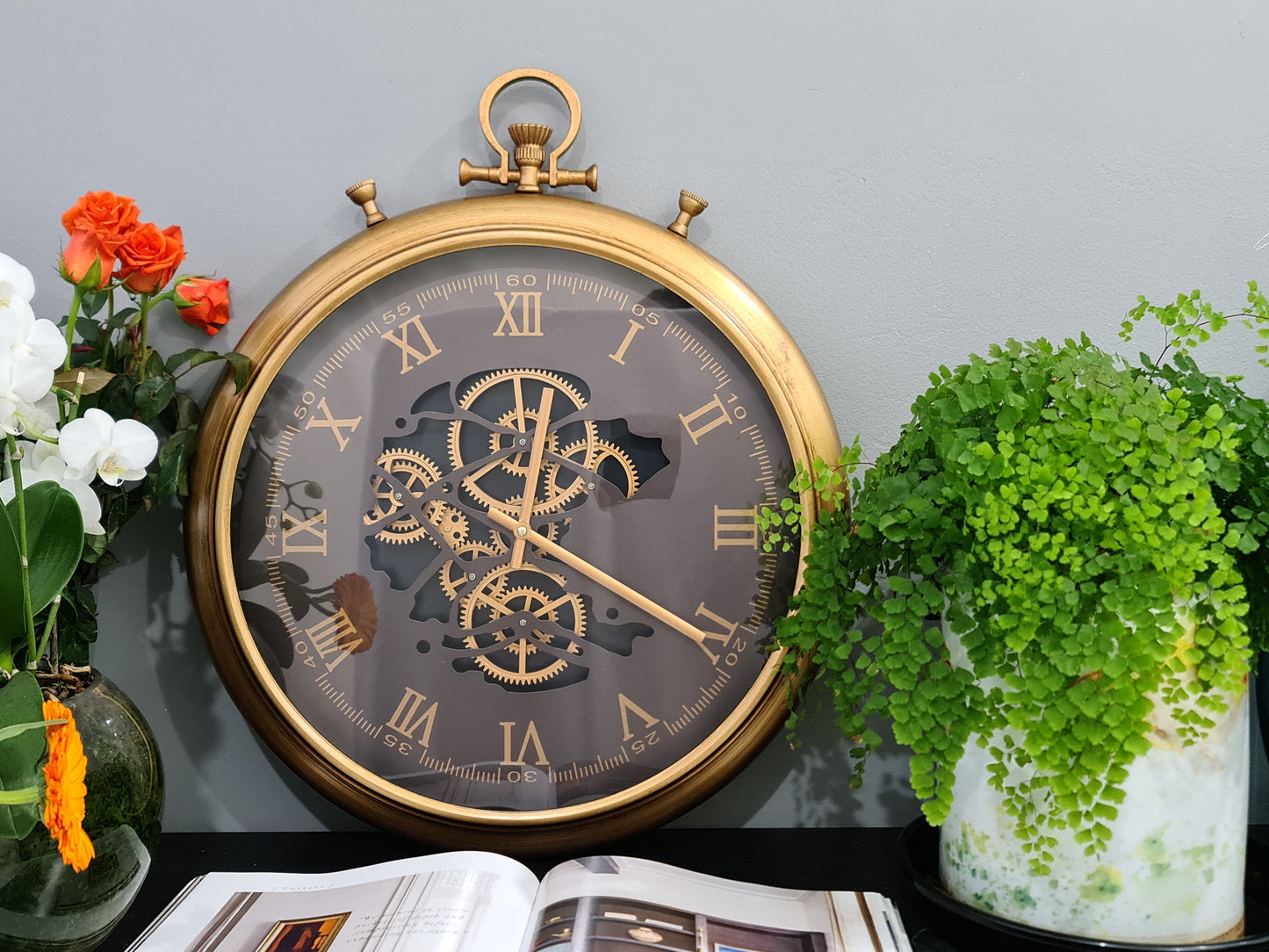 62 Cm Roman Numeral Vintage Gold Moving Gear Wall Clock