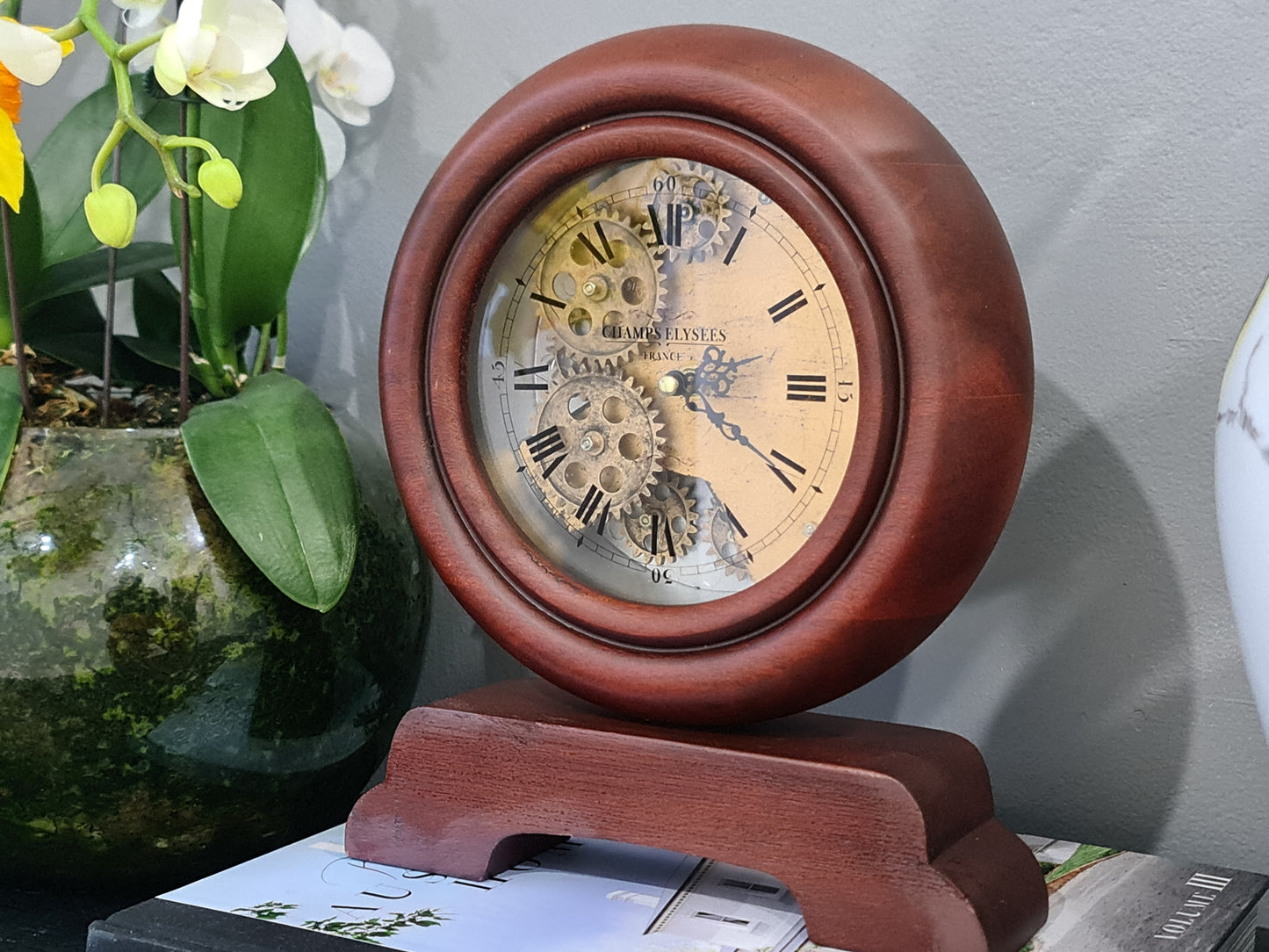 Champs Elysee France Antique Wooden Gear Table Clock