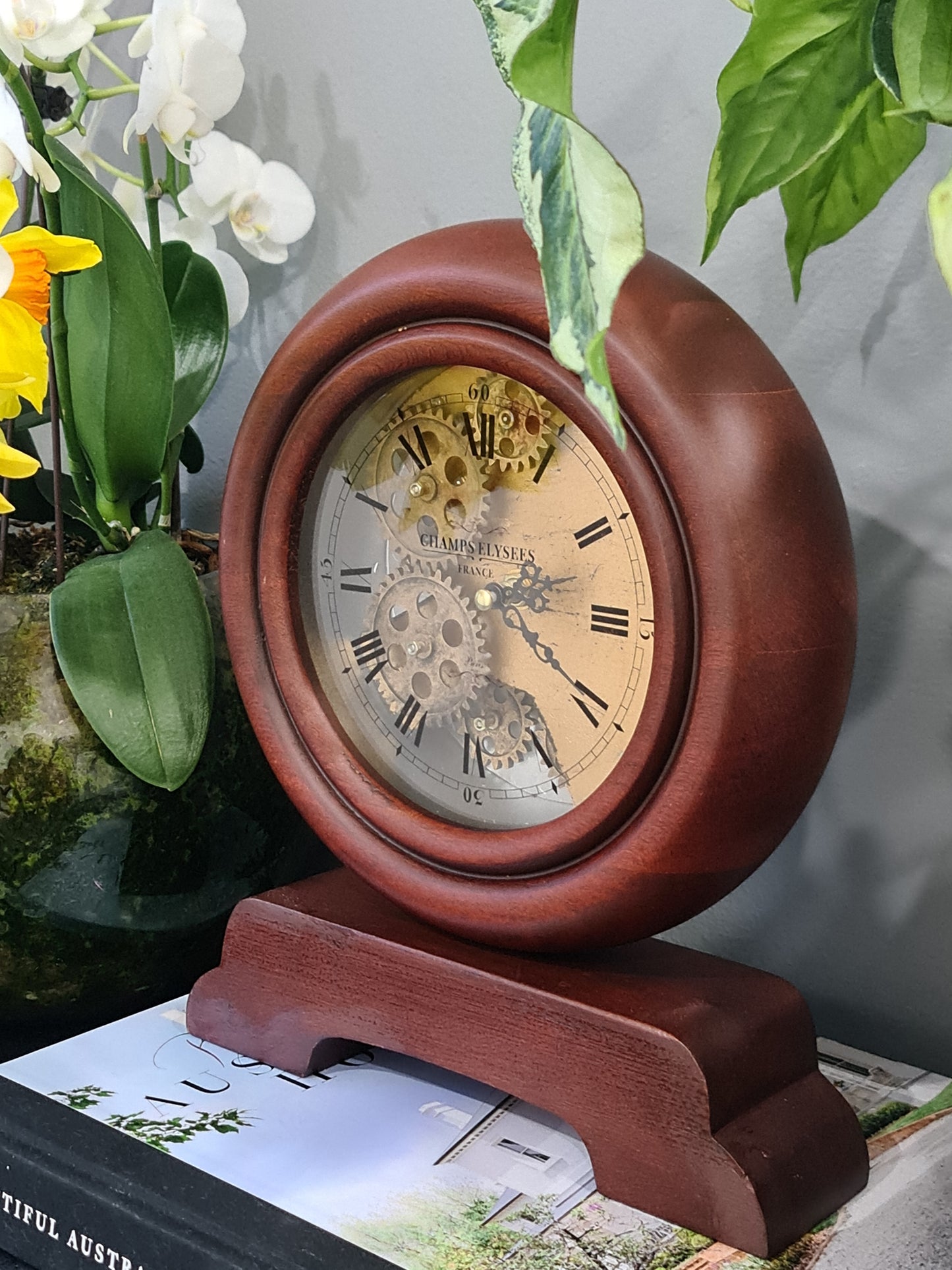 Champs Elysee France Antique Wooden Gear Table Clock