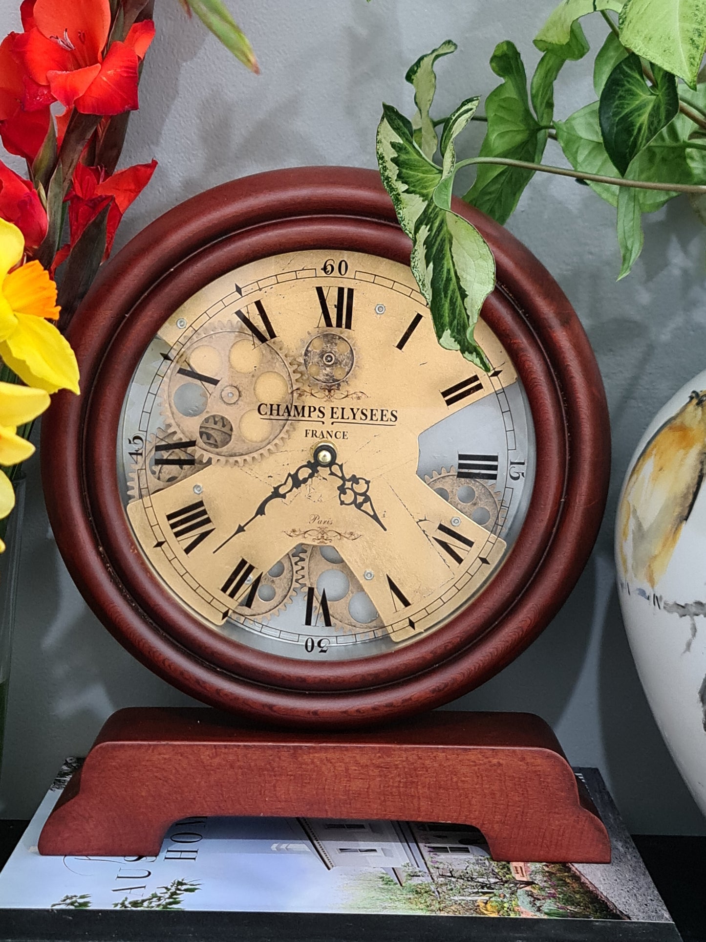 Champs Elysee France 30 Cm Antique Wooden Gear Table Clock