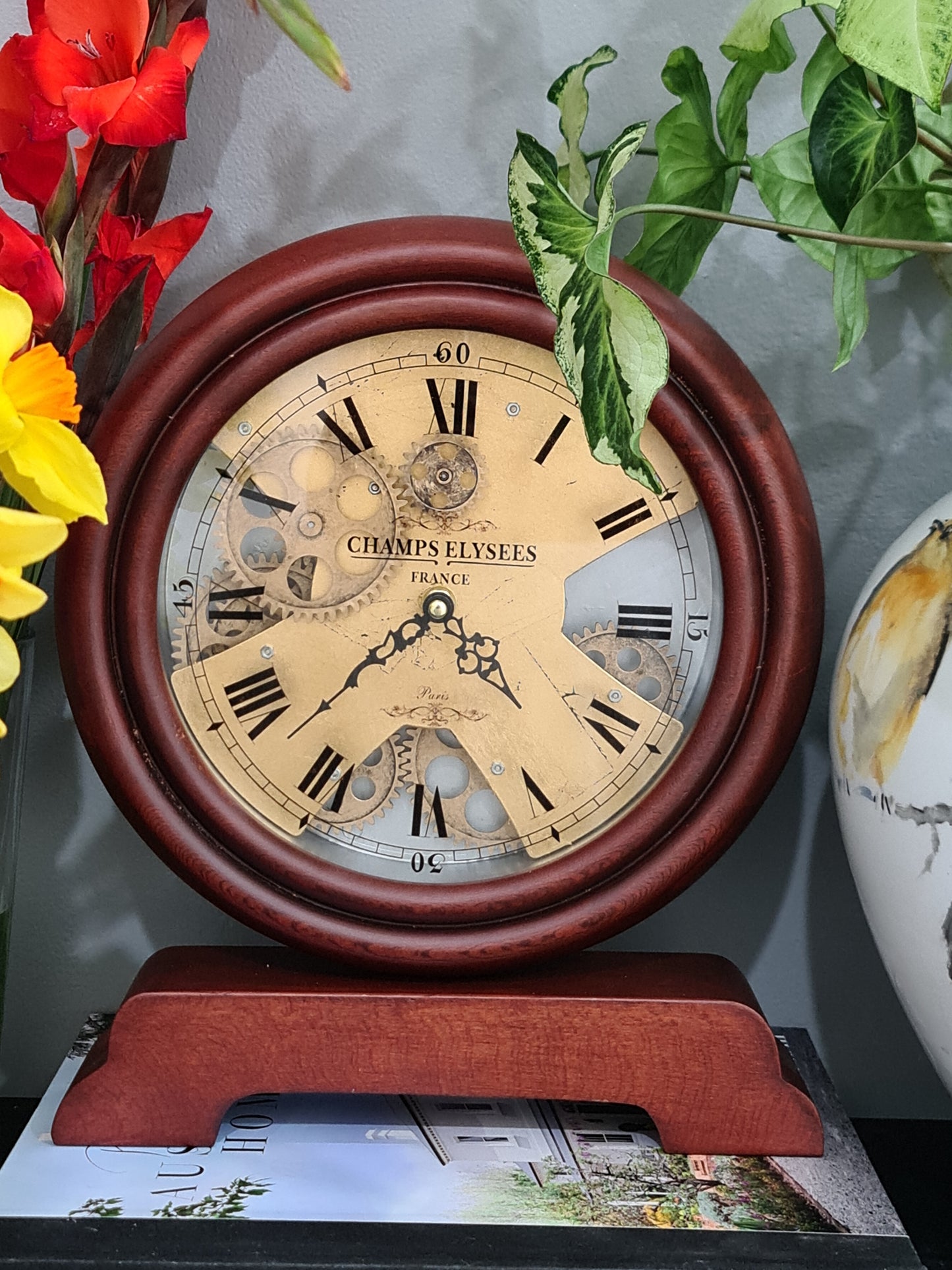 Champs Elysee France 30 Cm Antique Wooden Gear Table Clock