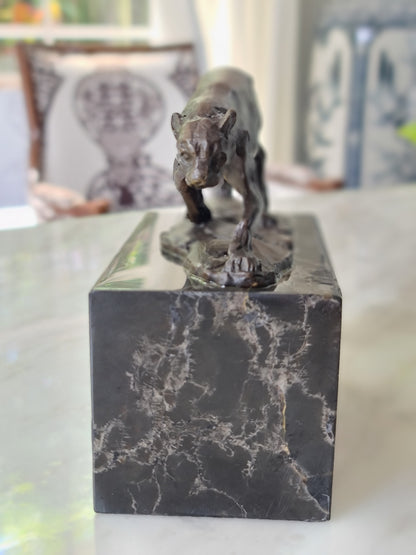 Leopard Cougar Bronze Sculpture On Marble Base