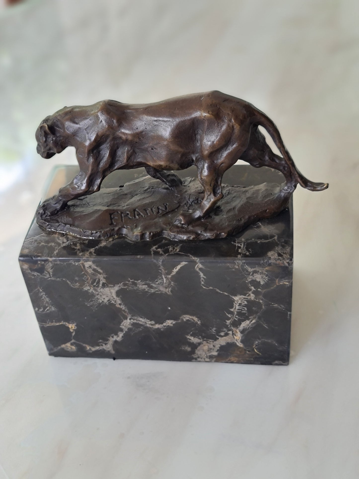 Leopard Cougar Bronze Sculpture On Marble Base