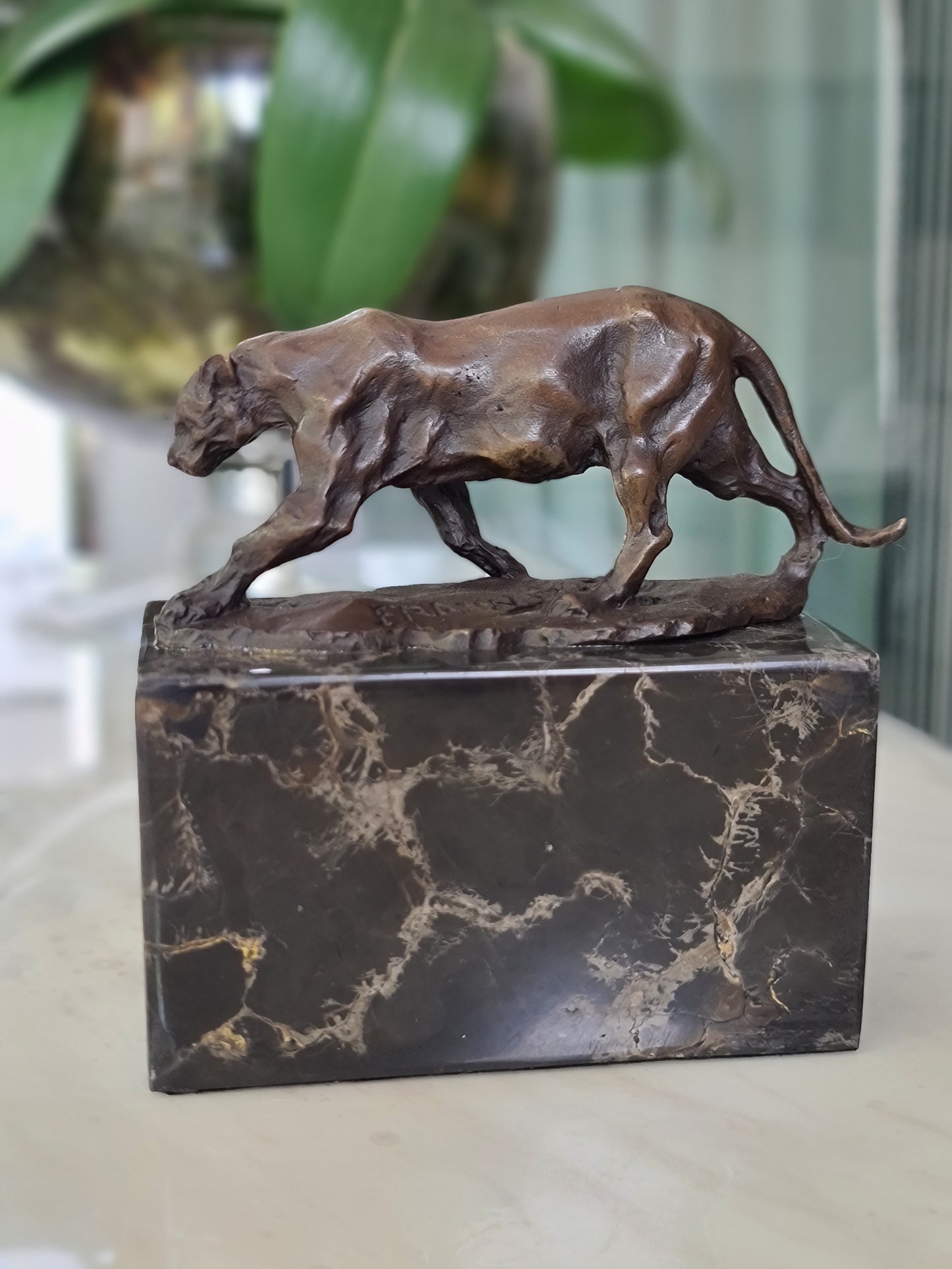 Leopard Cougar Bronze Sculpture On Marble Base