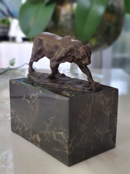 Leopard Cougar Bronze Sculpture On Marble Base